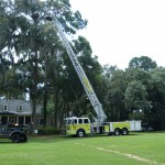 Fire truck with ladder extended