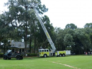 Fire truck with ladder extended